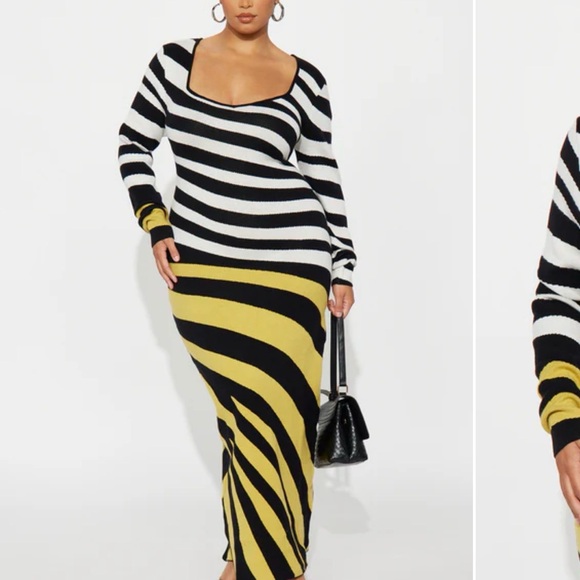 Fashion Nova Black, White & Yellow Striped Long Sleeve Bodycon Dress - Picture 2 of 2
